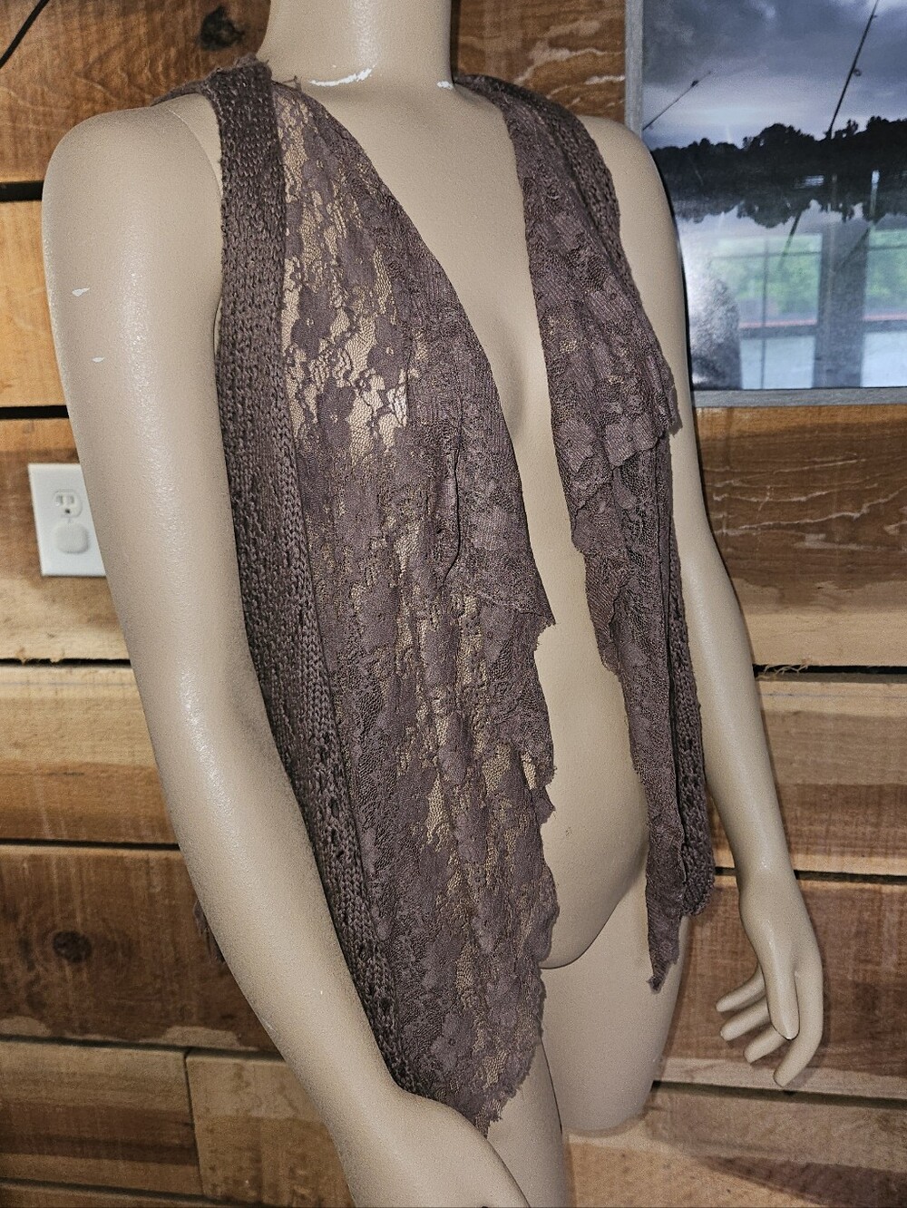 Daytrip Lace Open-Front Draped Vest Brown Cottagecore Fairycore XS Indie Sleaze